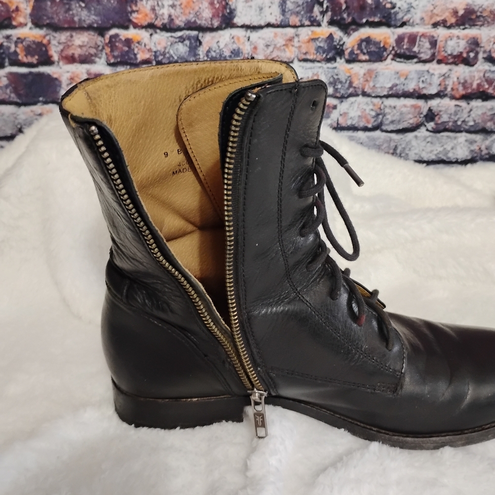 Frye Melissa Short Lace/Zip Up Black Leather Boot Sz 9 Womens  OBO - Picture 9 of 12